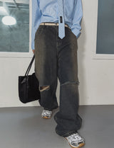 Cross Damage Banding Denim Pants