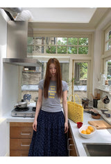 Cozy Navy Flower Frill Long Banding Skirt
