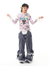 sillysis 可愛いイラストの小熊、ピンクの花柄プリント、宮廷風のギャザーレース付きTシャツ、インナー用トップス レディース