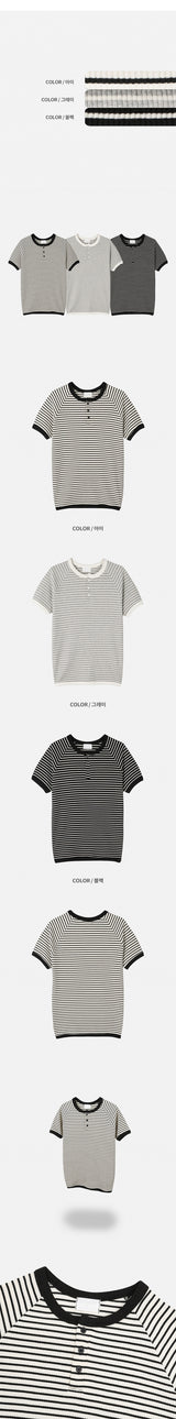 [Slim Fit] ストライプヘンリーネックハーフニットTシャツ(3color)