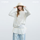 Women's Striped Henley Long Sleeve T-shirt, Bamboo Cotton Loose Air Conditioner Blouse
