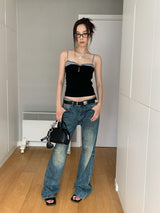 Checkered Layered Shirring Black Sleeveless T-shirt