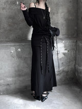 eyelet strap folding long skirt