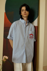 Blue Stripe Pocket short-sleeved Shirt [Unisex]