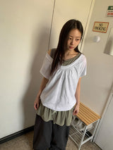 ミミュールVネックドットレイヤードオフショルダーTシャツ