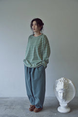 STRIPE BINDING-NECK BOX TEE (Sage Green)