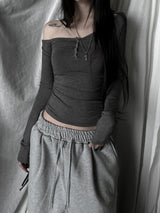 off-shoulder shirring strap T (4color)