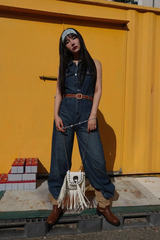 RETRO WESTERN DENIM JUMPSUIT WITH BELT SET