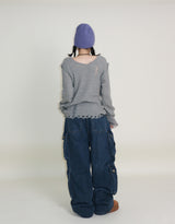 ラバーVネックダメージカットポイント長袖ニット (wool material)
