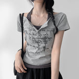 ホルターネック ボタン シャーリング オフショルダー ショートスリーブ Tシャツ (3 colors)