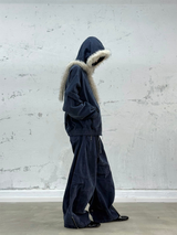RELABEL Spatial Relations (Velvet Flowers) Muscular Line Segmentation Flocked Curved Blade Silhouette Dual-Form Denim Trousers