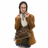 [SET] ミディアムバックルホーボーショルダークロスバッグ_ブラウン