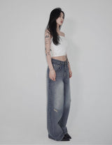 Low-Rise Wide Denim - Bullet Demage Handbrush