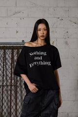 レタリングオーバーサイズワンショルダーTシャツ-ブラック