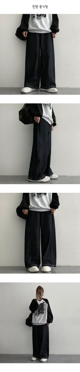 [3-tier length] [S–2XL] デュミンズローリンブインシジョンステッチサイドタックワイドデニムパンツ