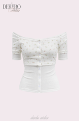 Sherbet off-shoulder button short sleeve T-shirt