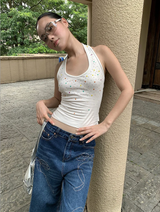 カラーハートビーズホルターネックスリーブレスTシャツ