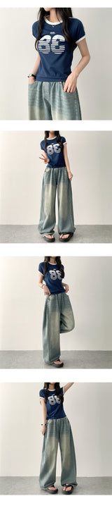 Rize waistbanding side pin tuck incision denim washed wide pants