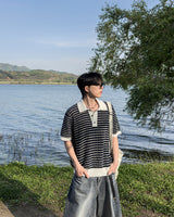 Windy Buckle Stripe Collar Short Sleeve Knit