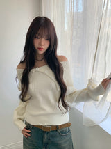 Dahi Off-Shoulder Button Knit Muffler Set