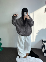 RIBBON PATTERN VELVET HOOD ZIP-UP💚💙🖤 - 3 COLORS