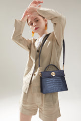 LAZEL MINI CROC ショルダーレザーバッグ / Wani Navy