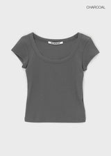 [B-BASIC] Basic Ribbed Wide U-Neck Cap Sleeve Short Sleeve Top (2 Size)