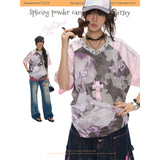 BETWEENAND サマー ミレニアム ピンク カモプリント Vネック ルーズ ショートスリーブ Tシャツ