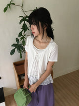 Pokapo Frill Layered Ribbed Short Sleeve Cardigan