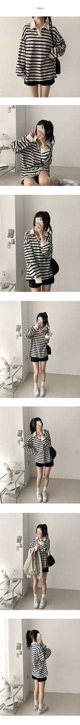 Color matching open collar stripe loose fit rugby long sleeve tee 