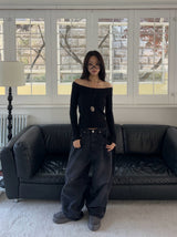 Rough Muse Tassel Ball Stud Wide Long Denim Pants