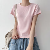 デイリー💭ベーシック スパンデックス Vネック ラウンドネック 半袖 Tシャツ(6 colors)