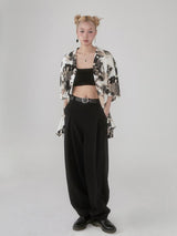 Cuban-style loose and breathable short-sleeved shirt with black and white portrait blur print.