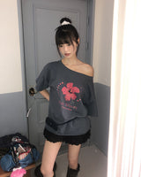 ルースフィットフラワープリントオフショルダー半袖Tシャツ