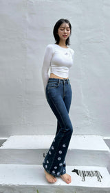 DARK BLUE EMBROIDERED SPANDEX BOOTCUT DENIM PANTS code 18315