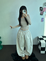 フリース❤サイドシャーリングストライプクロッピードロングスリーブTシャツ 🧸🤎🩶🩵3カラー