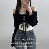 Ake color combination cropped string tank top + corset frill puff bolero set