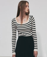 STRIPE LOGO SQUARE NECK KNIT_LIGHT BEIGE