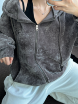 RIBBON PATTERN VELVET HOOD ZIP-UP💚💙🖤 - 3 COLORS