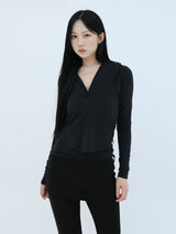 SLIM LONG BUTTON HOODIE TOP(BLACK)