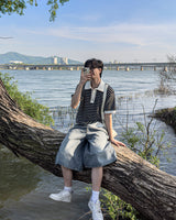 Windy Buckle Stripe Collar Short Sleeve Knit