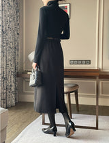 Cre wool pin tuck H-line slit long skirt (belt set)