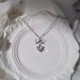 [NMIXX Sullyoon Necklace] デインティハート＆リボンセミチョーカーネックレス - シルバーカラー