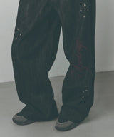 サイド ピンタック リベット ワイド デニム パンツ [Washed Black]