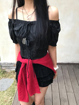 Lovely Note Two-Way Square Neck Off Shoulder Ribbon BLouse