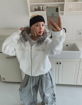 Bite lettering raccoon fur hood zip-up