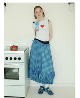 UnsocialNight2025 Autumn New Original Blue Plaid Stitching Casual Flower Flower Skirt Women