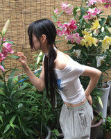 [SET]レンサドットプリントレースリボンオフショルダーショートスリーブTシャツ