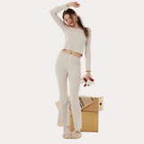 Oatmeal Grey Knitted Pajama Set – Long Sleeve Top & Relaxed Pants | Cozy Winter Sleepwear