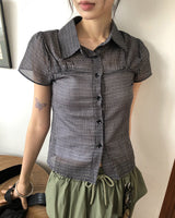 Noel seersucker v-neck checkered short sleeve shirt